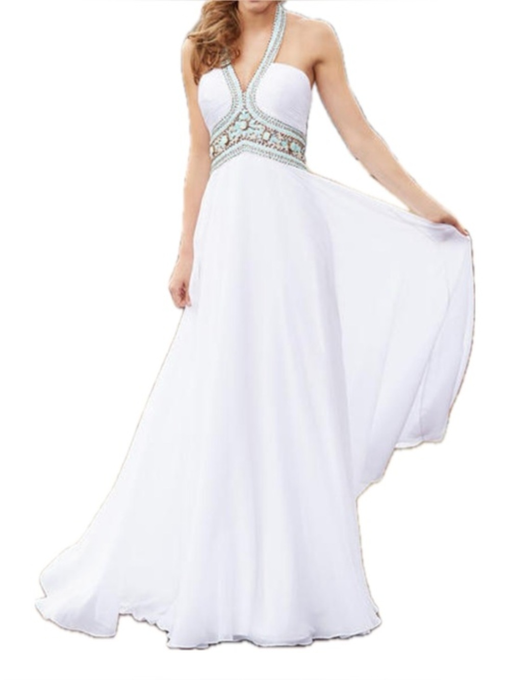 Madison James White Halter Prom Gown with Beaded Details